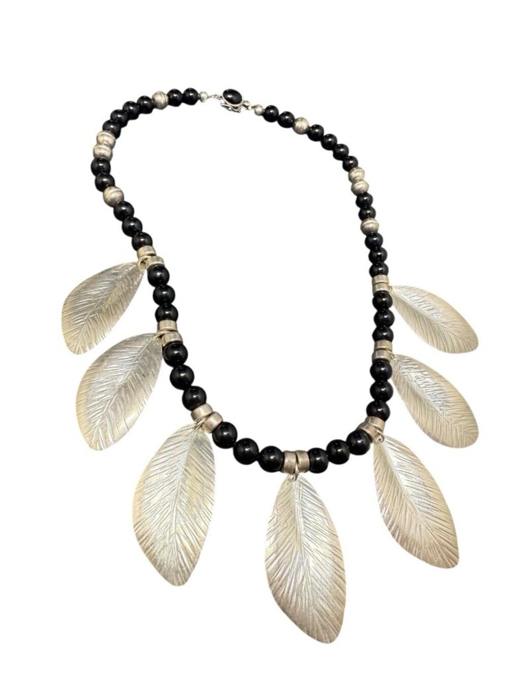 Southwestern 925 Black Onyx Statement Necklace Dangle Feathers Artisan Signed